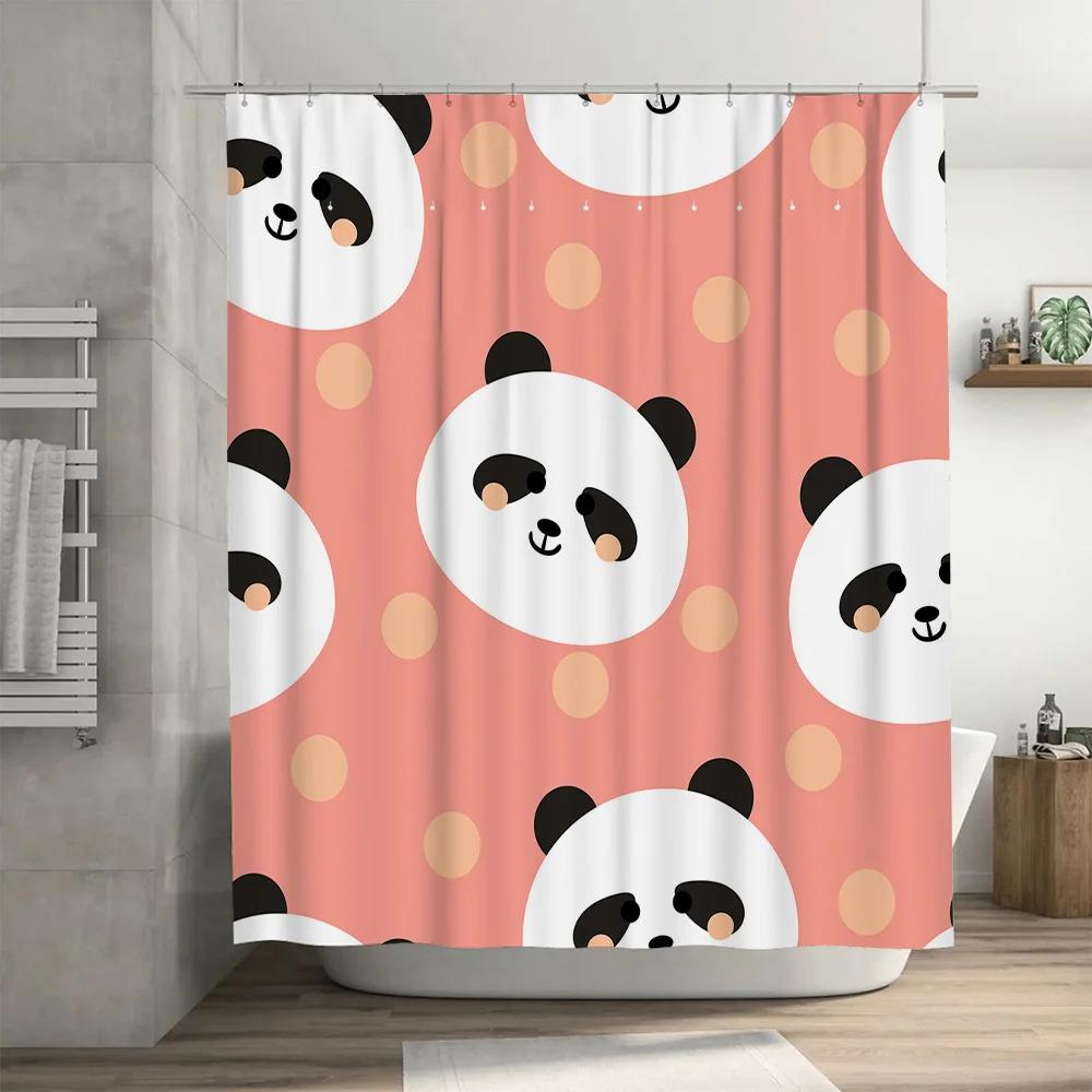 Cute Panda Printed Shower Curtain Waterproof Fabric Home Decor Bath Curtains for Kids Bathroom Pink with White Black Panda Desig