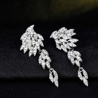 Elegant Full Rhinestones Wing Dangle Drop Pierced Earrings Women Wedding Jewelry