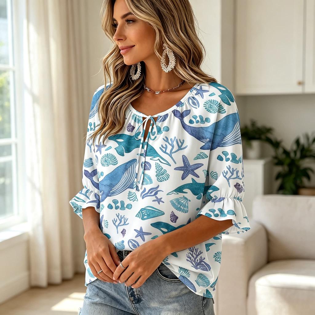 Women's Ocean Whale Starfish Shell Print V-Neck Tie Ruffle 3/4 Sleeve Blouse, Beach Vacation Top