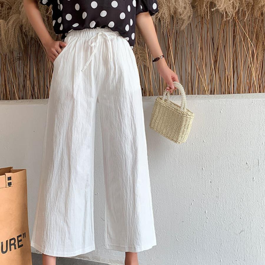 Women Summer Autumn Cotton Linen Pants High Waist Solid Color Wide Leg Cropped Pants