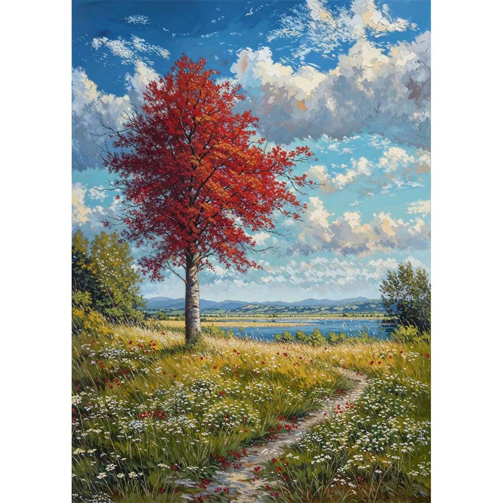 Cabana na Montanha Vista do Vale Caminho de Outono Prado de Verão Floresta de Árvores Nuvem Pôster Pintura em Tela Impressão para Sala de Estar Decoração de Casa