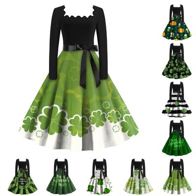 Women's Casual Fashion Square Neck Long Sleeve St. Patrick's Day  Printed Vintage Dresses