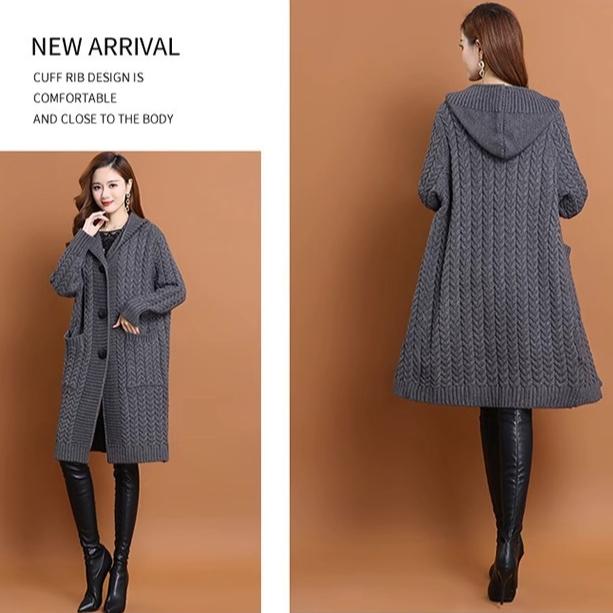 Retro Twisted Knitted Cardigan for Women Large-sized Mid-length Sweater Coat Autumn and Winter Wear Knee-length Hooded Knitted Overcoat