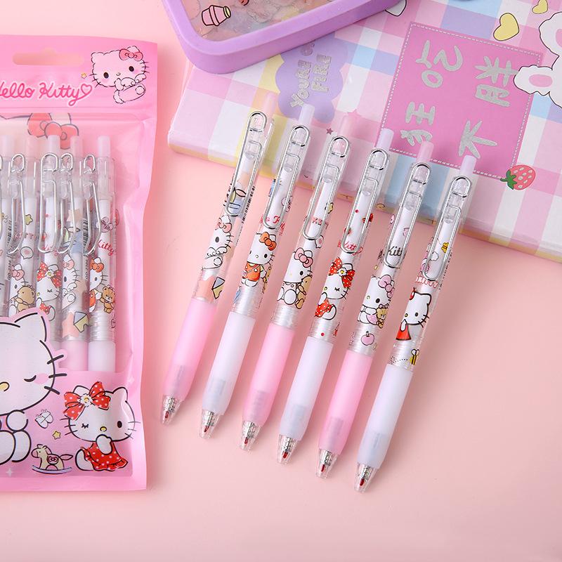 6pcs Kuromi Sanrio cartoon cat bag metal pen clip press pen cute girl heart press neutral pen signature pen HelloKitty 0.5mm black