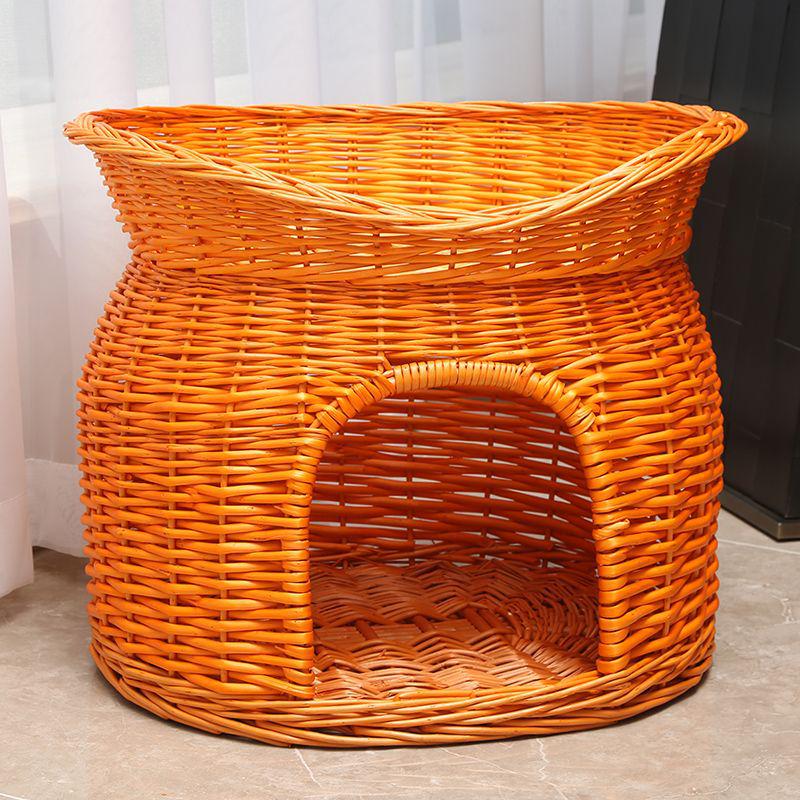 Medium Woven Rattan Pet House: Enclosed, Double-Layer, Washable, All-Season Cooling Mat for Dogs and Cats