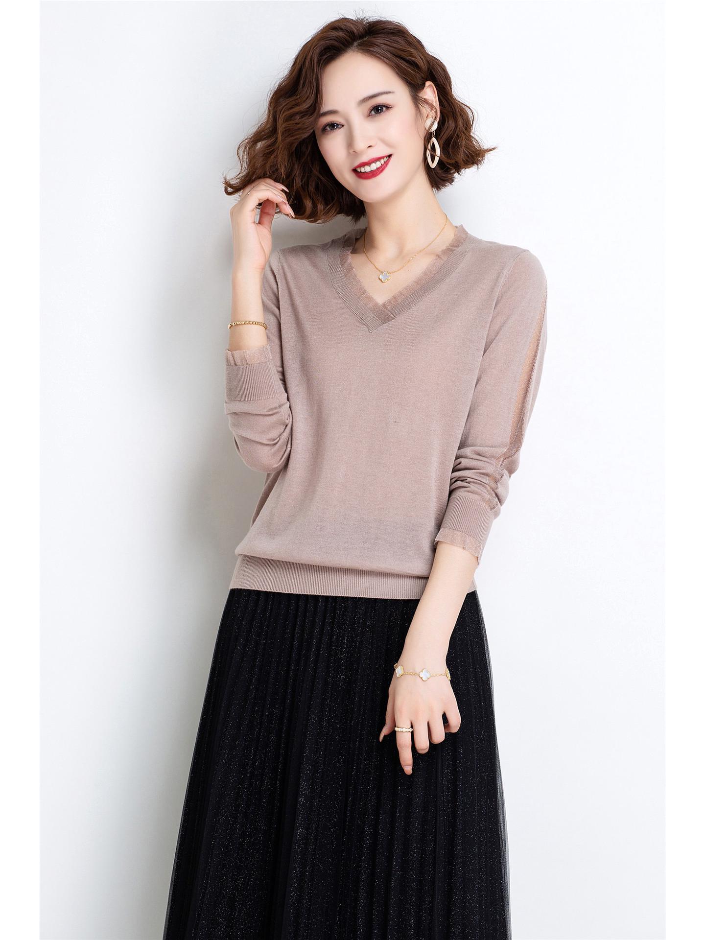 

Женский минималистичный шерстяной свитер с V-образным вырезом и длинными рукавами - Осенне-зимний облегающий базовый топ XL шампанского