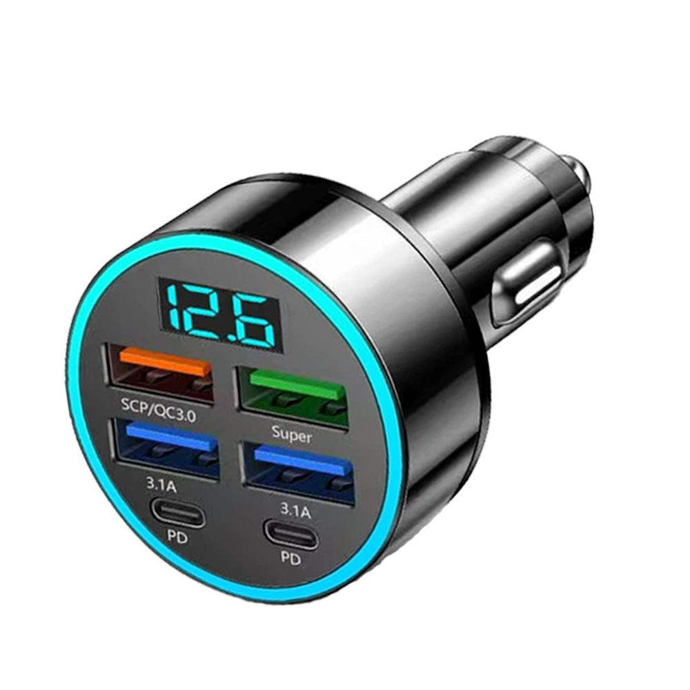 250W Car Charger 4USB QC3.0 PD Type-C Digital Display Car Power Charger 3.1A With Voltage Detection Multi-port Car Power Adapter