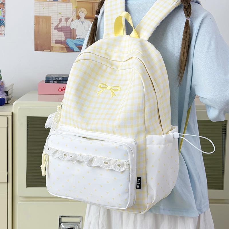 Schoolbag New Korean Fresh Plaid Corrugated Backpack Girl Heart Lace Small Schoolbag Junior High School Student Commuter Backpack