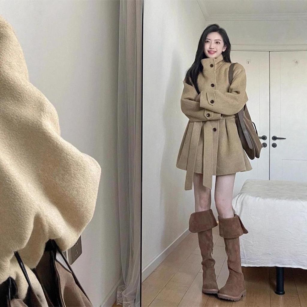 2025 Khaki Wool Coat: Petite Korean Style, High-End Autumn/Winter Fashion for Women