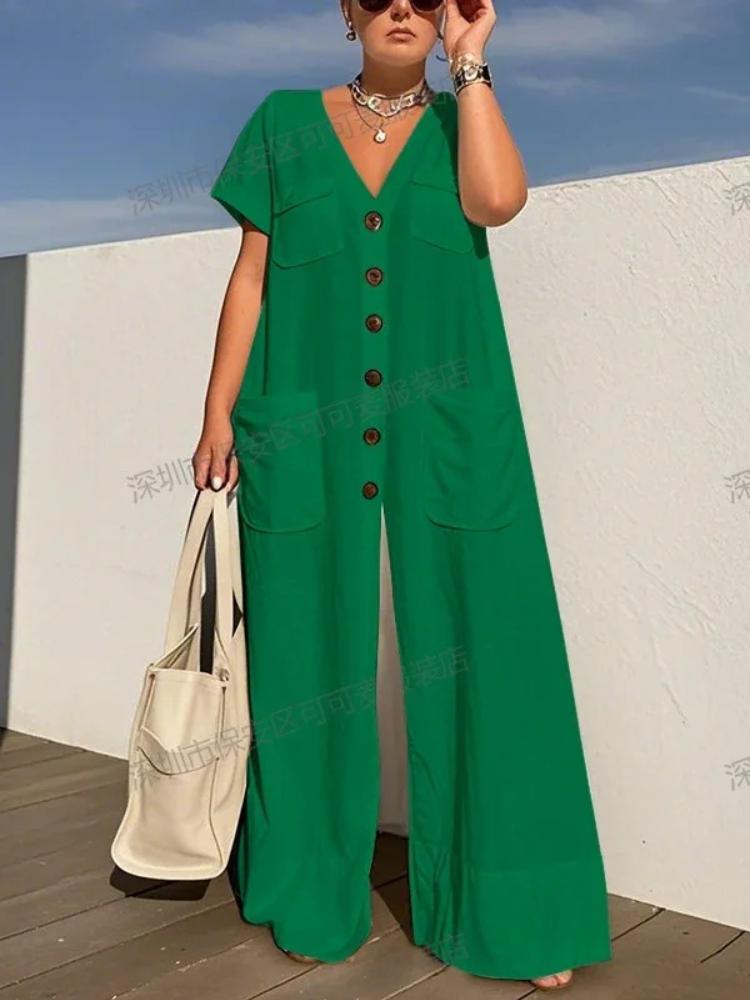 Summer Single-breasted Women's Jumpsuits Fashion Pocket Elegant Office Rompers Casual Loose Oversized Women Jumpsuit