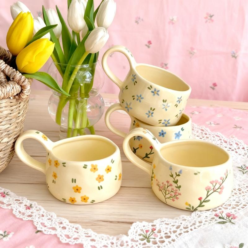 JUSTINLAU Creme Keramiktasse Koreanischer Stil Niedliches Blumenmuster Kaffeetasse Handgeformte Unregelmäßige Tasse Frühstück Milchtee Tassen