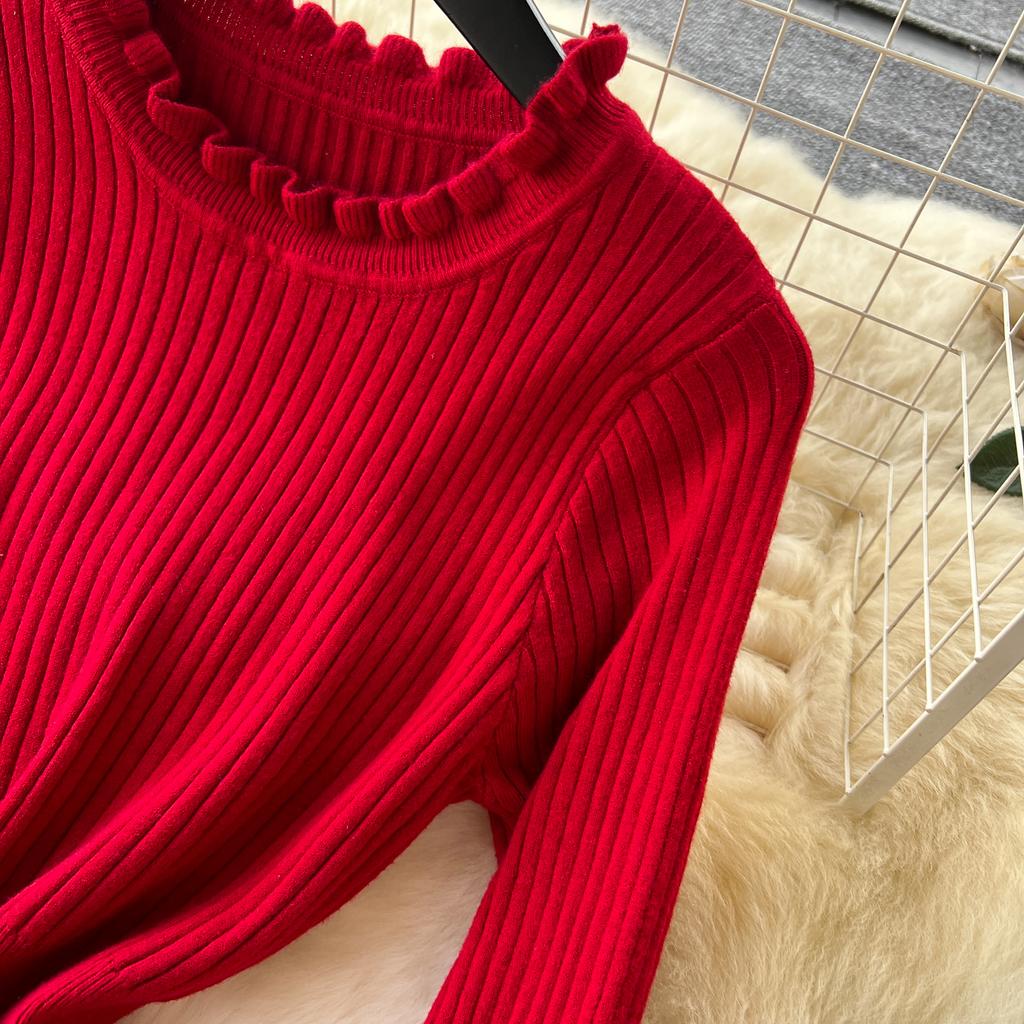 French Sweet  Elega O Neck Solid Knit Long Sleeve Ruffle Dress Women Basics Fashion Summer Spring Dress