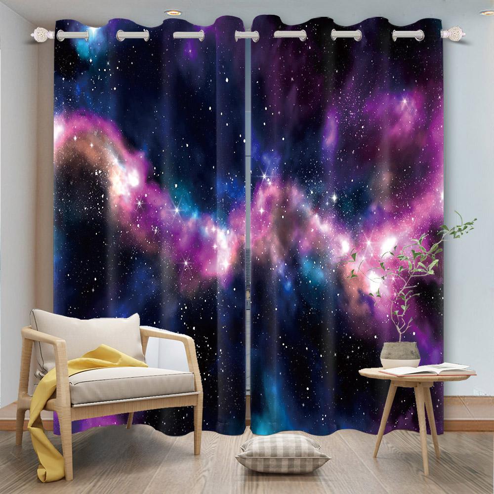 2pcs/set Universe Blue Purple Aurora Window Curtain Outer Space Nebula Home Bedroom Bar Decor Blackout Polyester Fabric Curtains