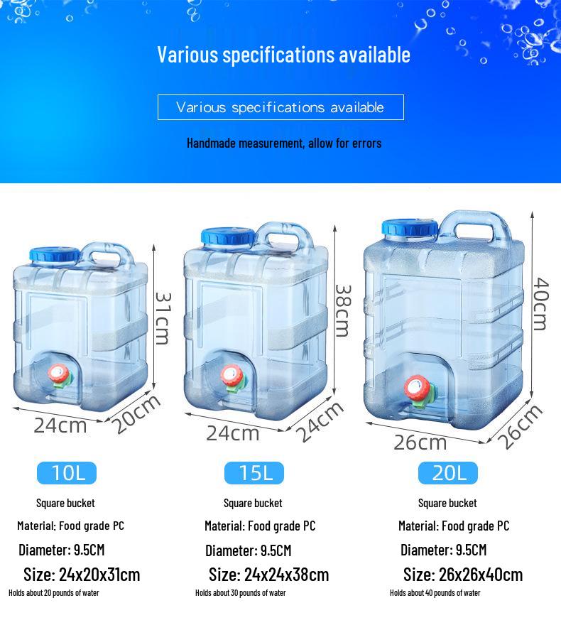 15L Square Outdoor Water Bucket with Faucet, Food-Grade PC for Household and Camping Use