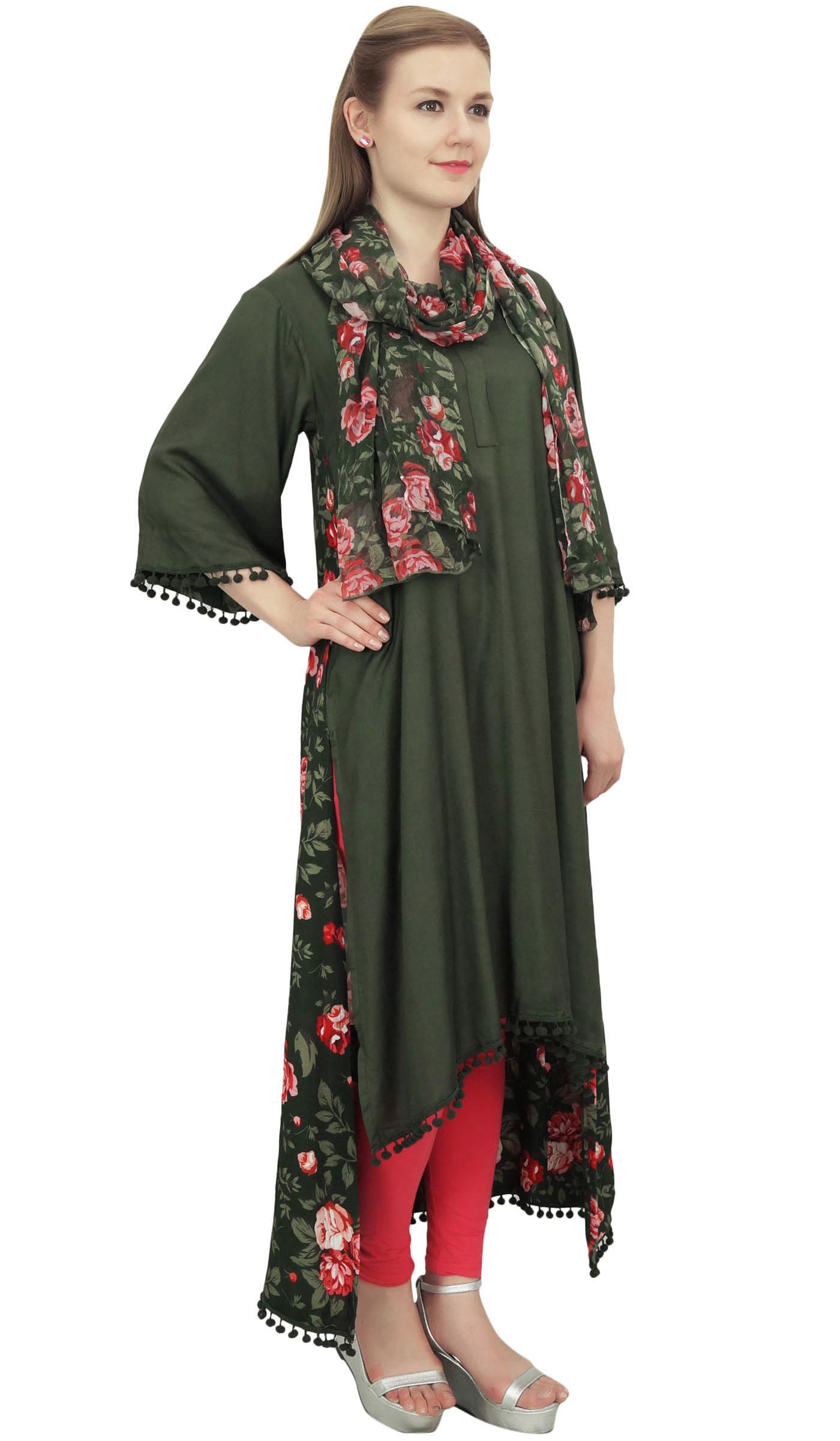 

Бімба Район Бежевий Високий Низький Дизайнерський Індійський Повсякденний Одяг Курті з Шарфом - 8 оливковий колір