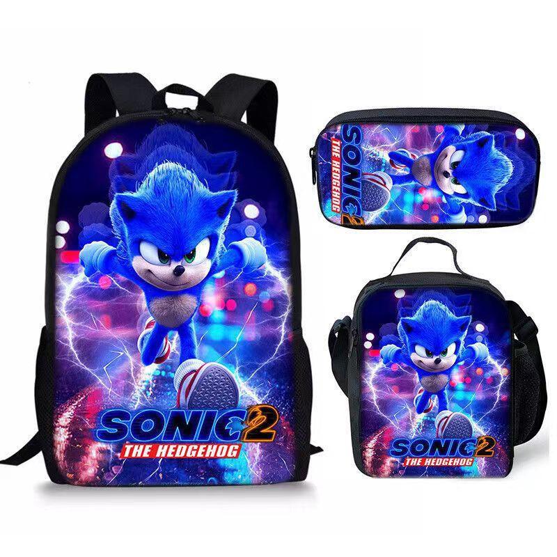 Sonic Primary School Student Schoolbag Three-Piece Set, Animation Cartoon Backpack, Shoulder Bag Pencil Case