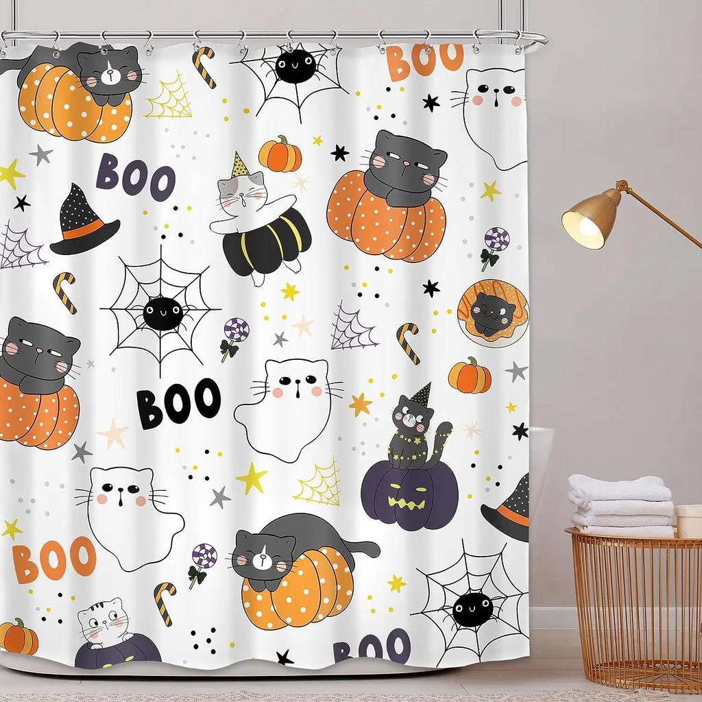 Funny Halloween Shower Curtains Cute Cartoon Ghost Cat Dog Kids Pumpkin Black White Autumn Tombstone Lamp Skull Bathroom Decor