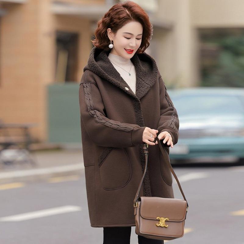 Autumn and Winter Hooded Loose Coat Women's Lamb Wool Double-sided Wear Medium and Long Cotton Coat