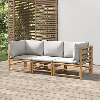 Vidaxl 3-Cz. Garden Furniture Set, Light Grey Cushions, Bamboo