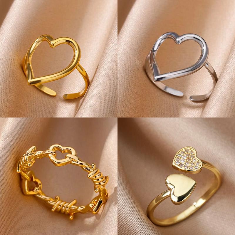 Heart Minimalist Stainless Steel Rings For Women Gold Glossy Opening Aesthetic Heart Ring Wedding Party Jewelry Gift BFF