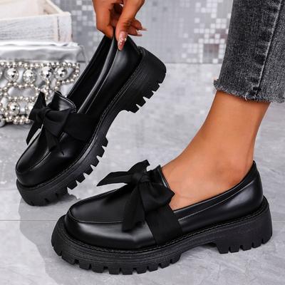 Autumn New Thick Heel Single Shoes Women's Round Head Deep Mouth Butterfly Knot Thick Sole Non-slip Loafers
