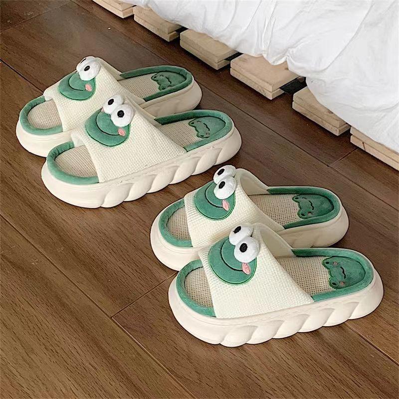 Linen Slippers Indoor Women Breathable Indoor Home Non-slip Cartoon Couple Four Seasons Slippers Men