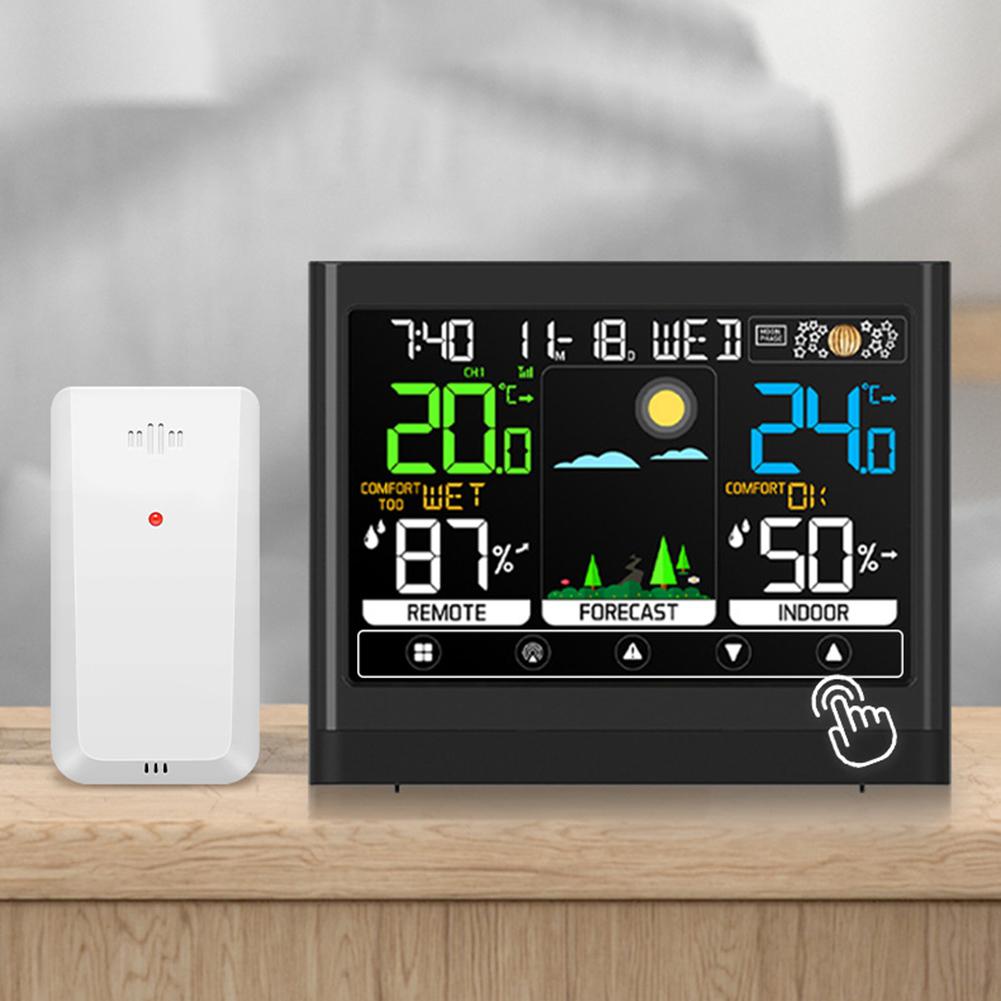 Digital Weather Clock with Touch Screen Technology for Indoor Outdoor Temperature Humidity Range Monitoring Function
