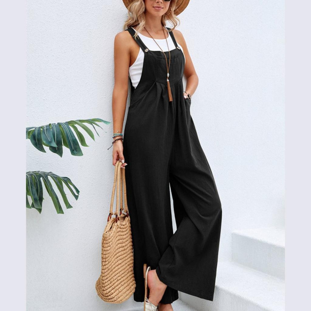 Women's Clothing, Solid Color Casual Overalls, Straight Leg, Comfortable Overalls, Mid Waist, Patchwork/spliced Pants