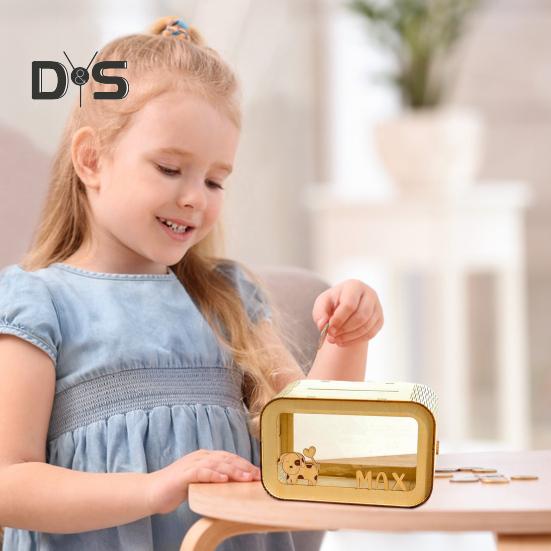 Transparent Trälåda för Pengar Stor Kapacitet Spargris Mynt Kontantbehållare Barn Vuxna DIY Tecknad Pengasparande Fodral Förvaringsburk Dekoration