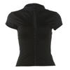Europäische und amerikanische Damen Frühjahrs- und Sommerbekleidung neue Mode Street Spice Stehkragen Knopfleiste Design Hohl enges T-Shirt Top