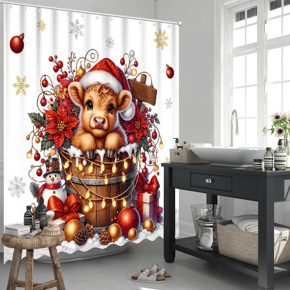 Christmas Highland Cow Shower Curtain Merry Christmas Home Bathroom Decorations Western Rustic Farmhouse Bathtub Curtain Set