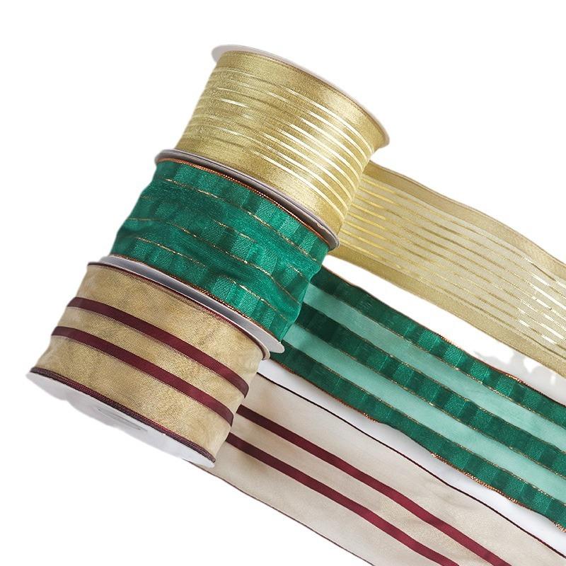 DIY Dekorativ Romantisk och Mysig Trådkant Manschett Julband Paketdekoration 6,5 cm Bred Rött, Grönt och Guld Band Julgran Krans Rosetter