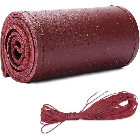 Leather Steering Wheel Cover, DIY Sewing with Needle & Thread, Breathable Anti-Slip Car Steering Wheel Protector, Universal 15 Inch Auto Steering