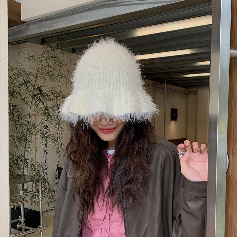 New autumn and winter pulling bucket hat, warm Korean version imitation mink plush hat, thick ear protector basin hat, knitted wool hat