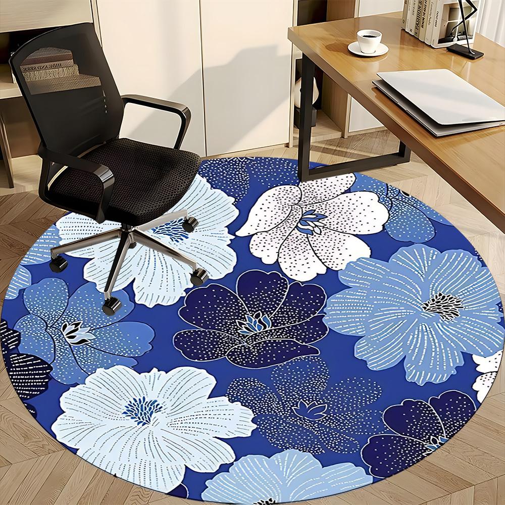 1pc Floral Blue Office Round Area Rug, Mat Suitable For Office, Under Office Chairs Bedroom Living Room Home Decor, Room Deco