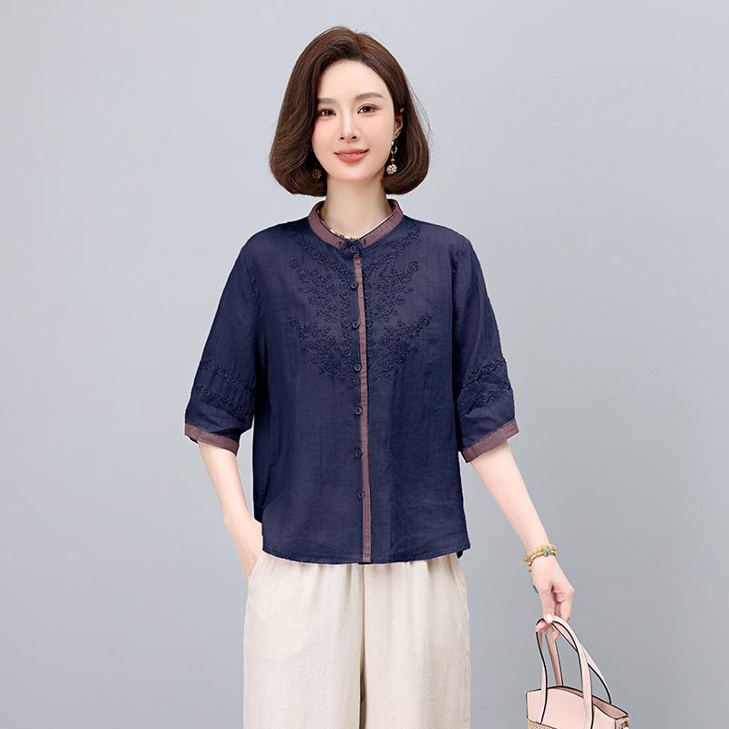 Summer 2025 Retro Embroidered Ramie Blouse: Women's Chic Color Block Age-Reducing Shirt