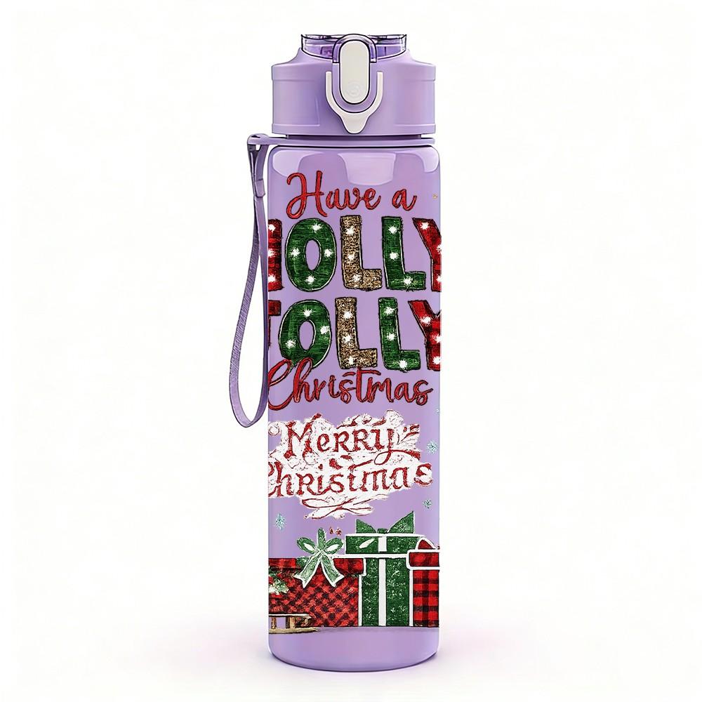 1PC Holly Jolly Christmas Scene Print 750ml Color Plastic Sports Water Bottle Leakproof Flip Straw Lid Suitable for Sports Office Home Use
