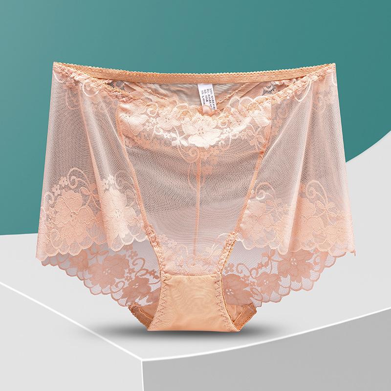 Plus Size Lady Summer Sexy Lace Hollow Out Perspective High Waist Triangle Briefs
