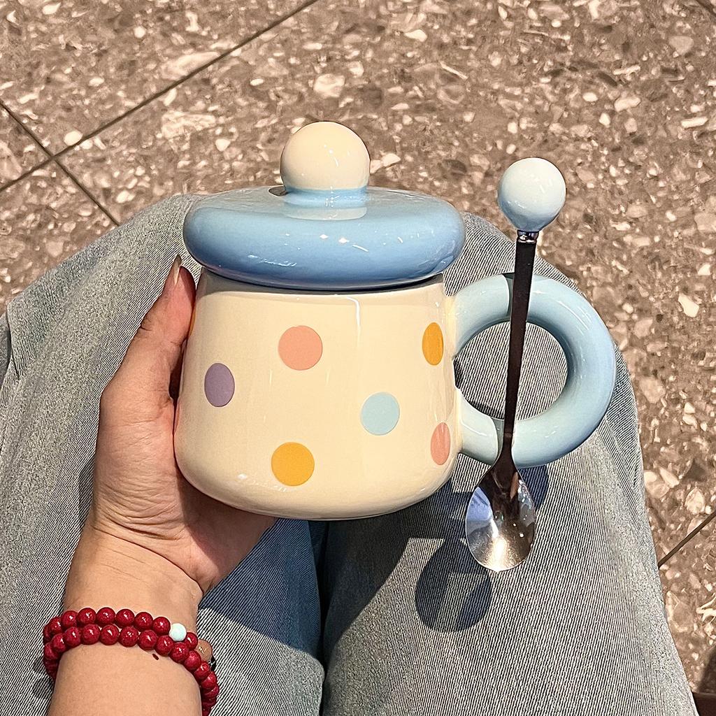 Chubby mug with lid spoon ceramic mug large capacity water cup couple home coffee breakfast cup souvenir