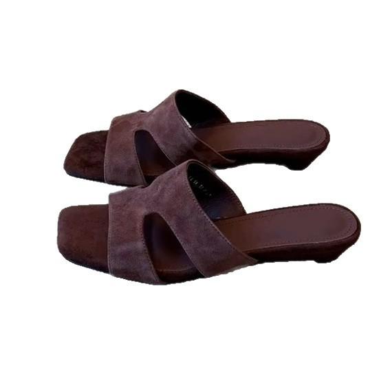 Sheepskin version~ Simple niche suede open-toed slippers for women's outer wear 2025 summer medium heel wedge cool slippers
