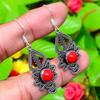 Italian Red Coral Gemstone Handmade 925 Sterling Silver Gift Earring 2.09" S4W58