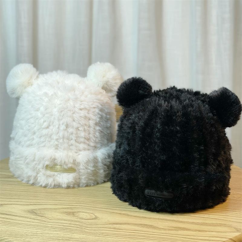 Large Head Circumference Soft and Cute Bear Ear Plush Hat for Women, Warm and Face-Slimming, Loose and Sweet Ear Protection Hat for Autumn and Winter