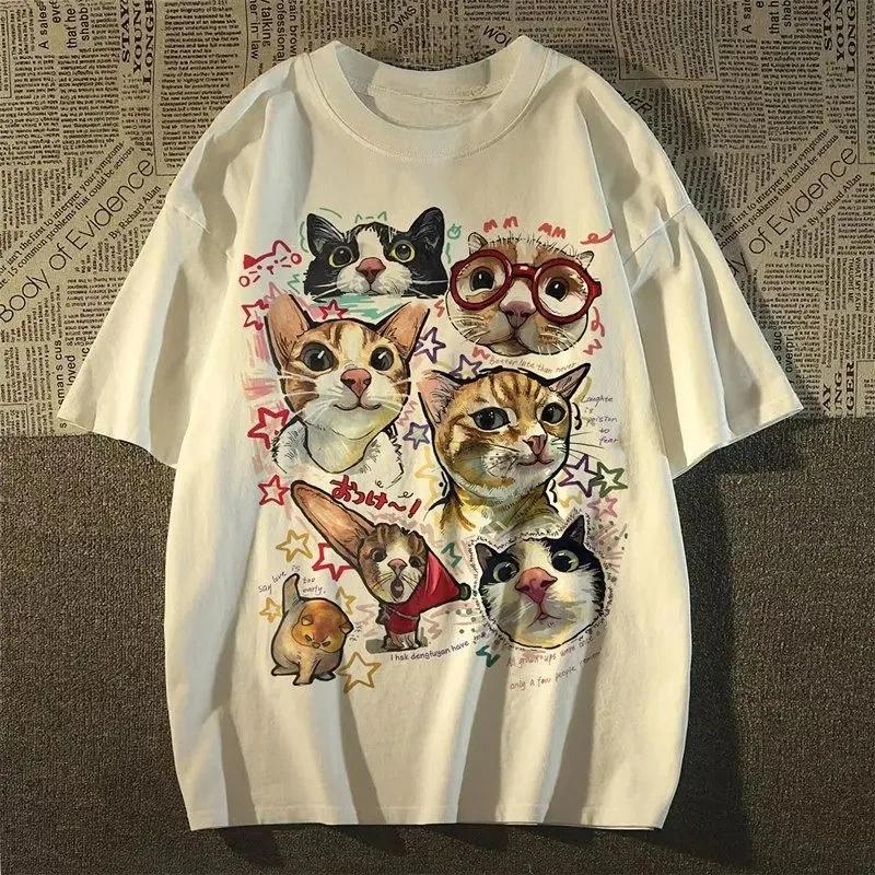 American Retro Fun Cartoon Cat Print Short Sleeve, Women s Summer Loose Fit Y2K 4XL