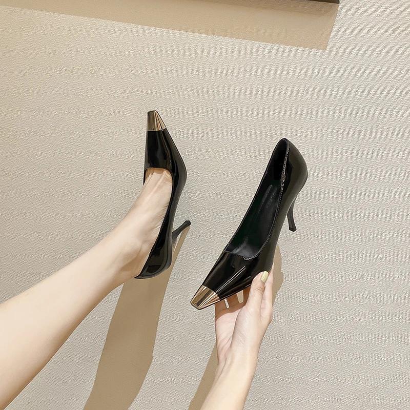 Summer Women's High Shoes Black Back Empty Metal Square Toe Sexy Stiletto High Heel Sandals Versatile Shoes