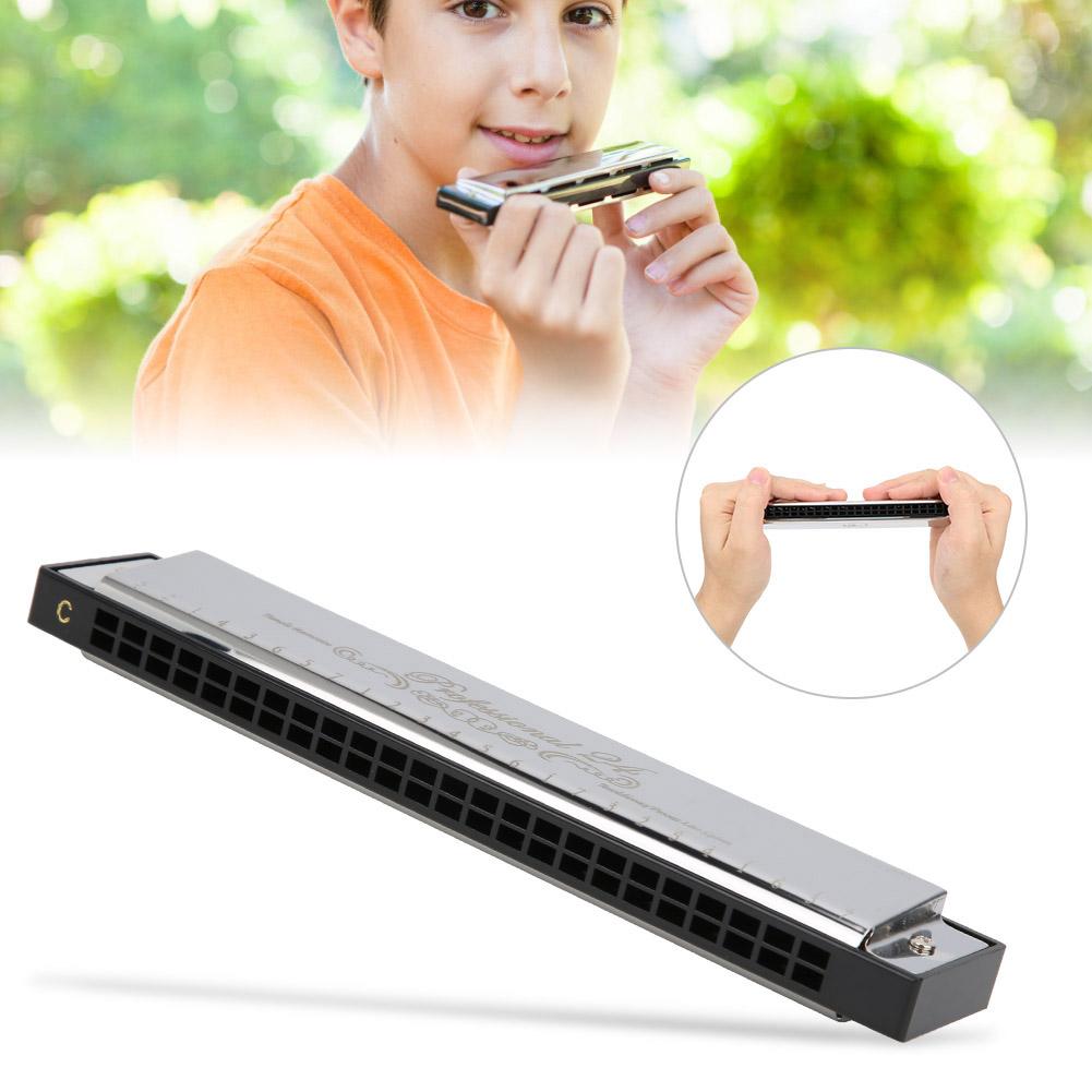 C Key Harmonica 24?Hole Polyphonic Student Adult Beginner Playing Resin Accented Mouth OrganSilver