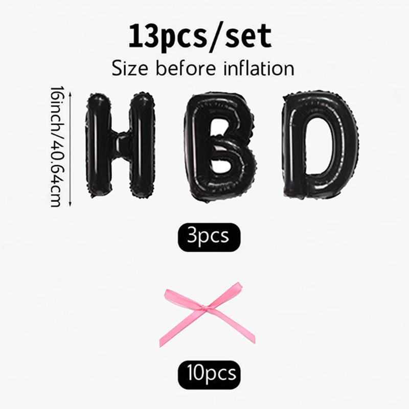 

13 шт./набор воздушных шаров HBD с бантом, белый, черный, розовый, набор воздушных шаров с лентой и бантом, реквизит для фотосъемки, 3 воздушных шара, 10 бантов чёрный