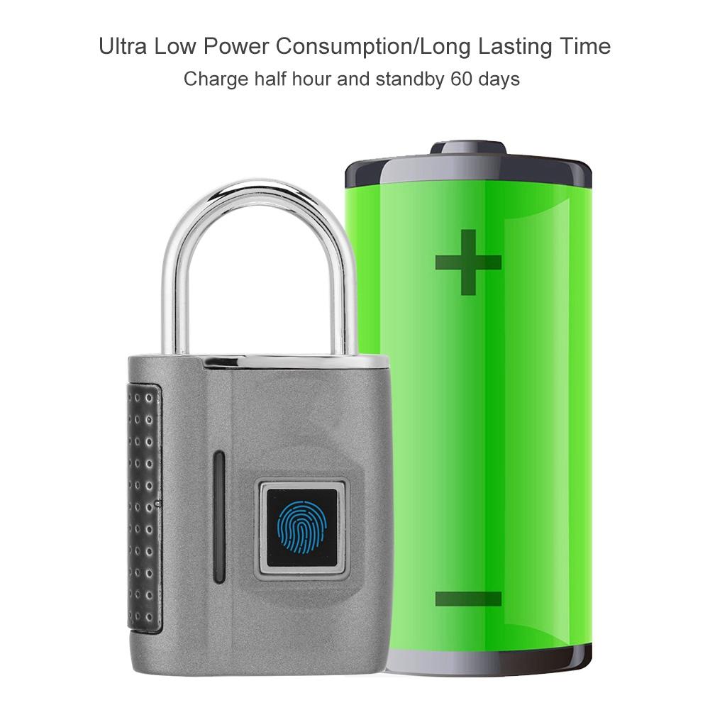 Smart Fingeravtryck Utan Lösenord Upplåsning Hänglås Tullås för Resväska Bagage Ryggsäck Grå