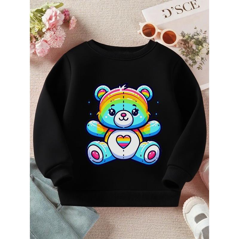 European Sizes Kids Rainbow Bear: A Colorful and Cute Illustration Print Long Sleeve Crewneck Sweatshirt - Soft Casual Pullover Top