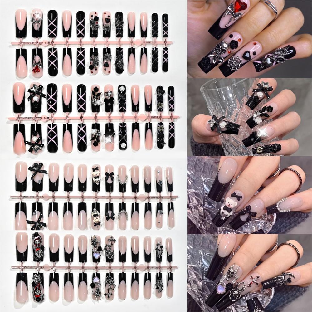 96PC Black French Long Coffin Halloween Press On Nails Y2K Cross Skull Spider Snake Bow False Nails Full Cover French Fake Nails