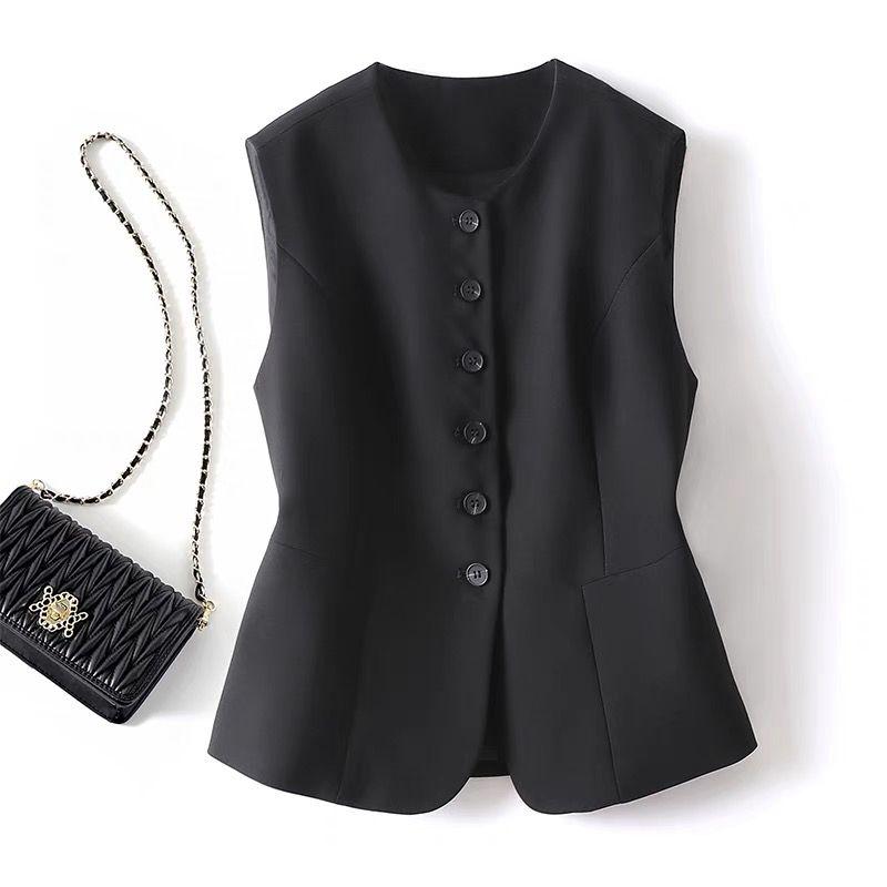 

round Neck Vest Women s Vest 2025 New Spring and Autumn Tops Waist-Tight Silm Small Suit Sleeveless Short Vest 2420 Black vest M